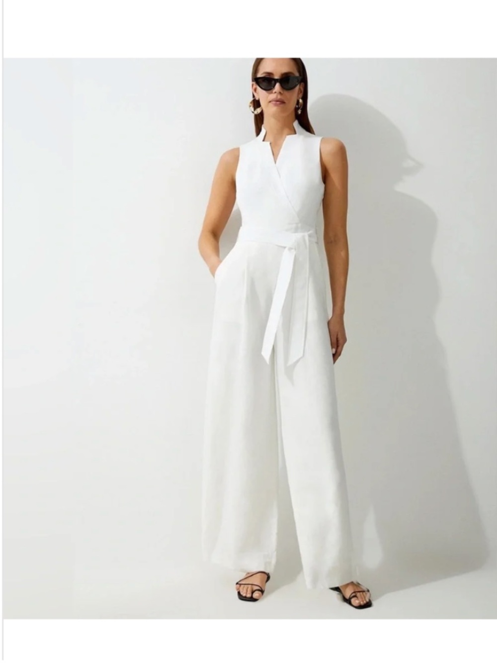 NWT! KarenMillen Premium Tailored Linen Notch Neck Belted Straight Leg Jumpsuit